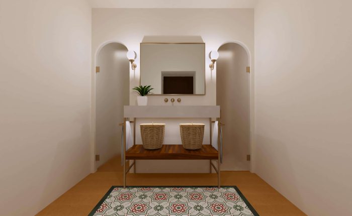 Diseño de baño doble por interiorista de sevilla y todos los materiales de ceramoteca. suelo hidráulico y puertas en arco.